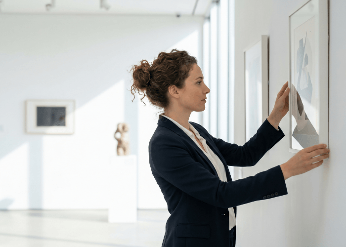 woman in gallery hanging artwork