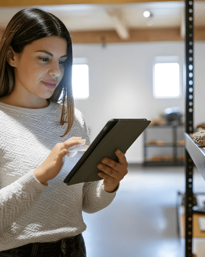 woman working on ipad with TMS Suite eMuseum in museum storage