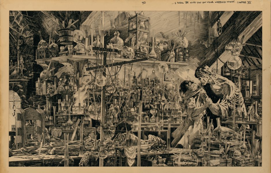 Wraparound cover for Marvel edition of Mary Wollstonecraft Shelley's Frankenstein by Bernie Wrightson from the Lucas Museum of Narrative Art