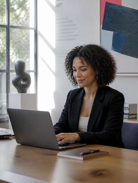 A collections staff member working at a laptop in a light-filled gallery office, representing the transition to a modern web-based collections management system