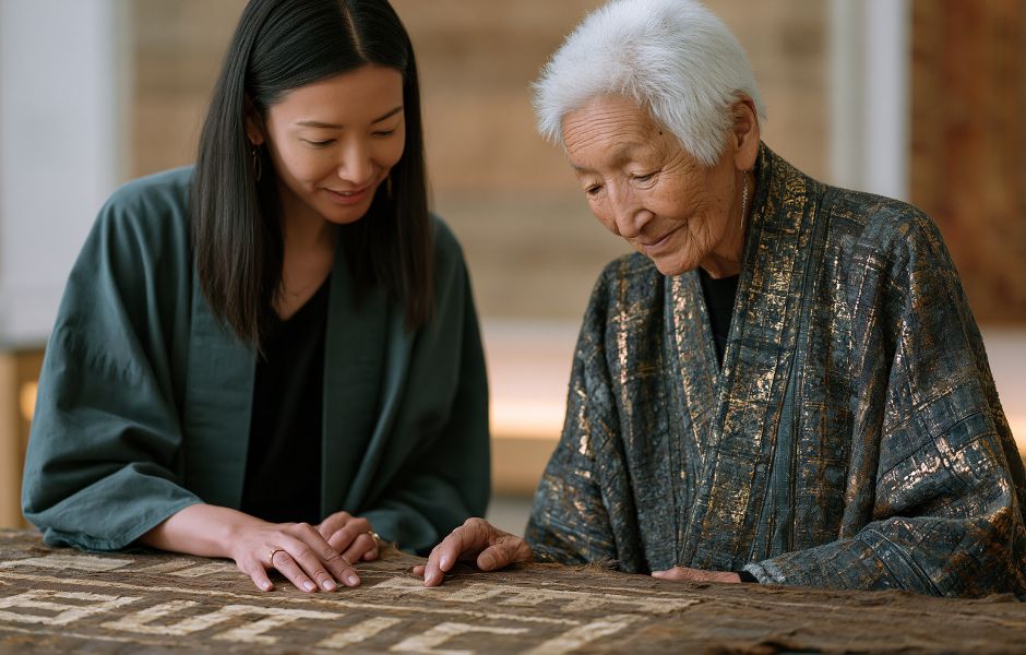 Two people carefully examining a woven textile object, representing the specialist material and technique metadata that controlled vocabularies help standardise across collection records