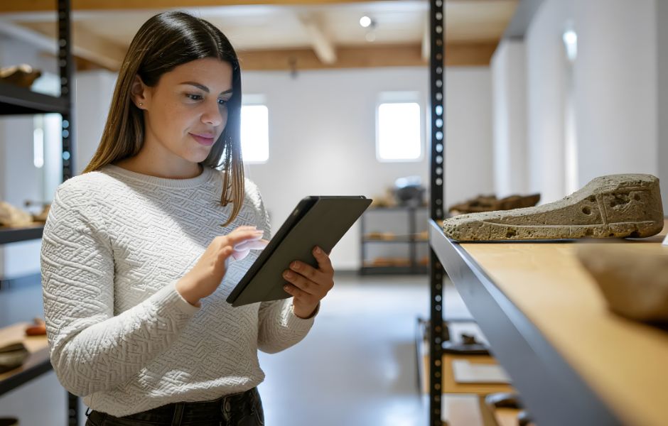 A collections staff member using a tablet to catalogue objects on open storage shelving, illustrating the structured data entry that thesaurus management supports
