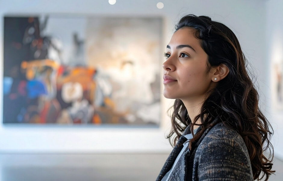 Collector viewing artwork in a gallery