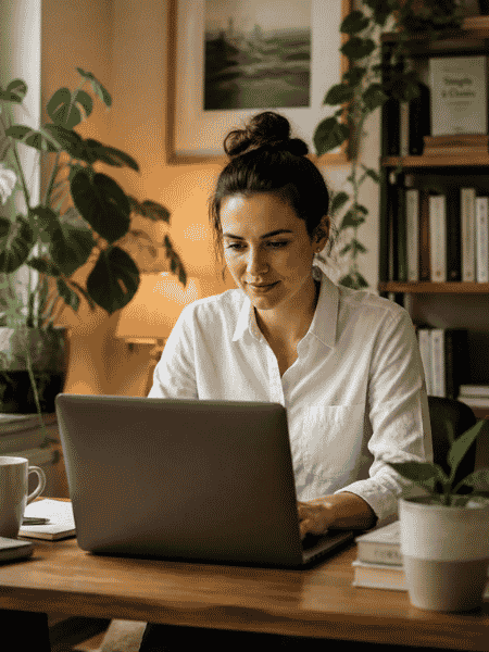 A collections staff member working at a laptop in a home office surrounded by plants and books, representing the accessible, browser-based collections management that modern software enables