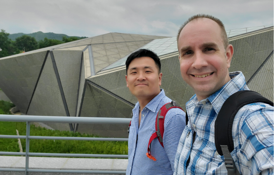 Touring the outside of a museum's striking geometric architecture.